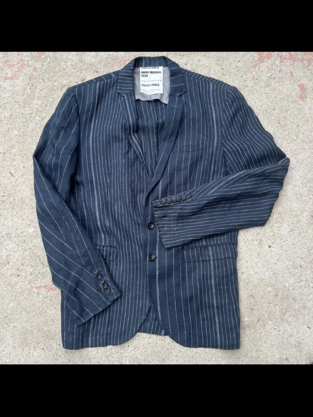 Gene Par Yukio Mishiba Flax Linen Navy Striped Blazer Japan 52 Men's XL Coat